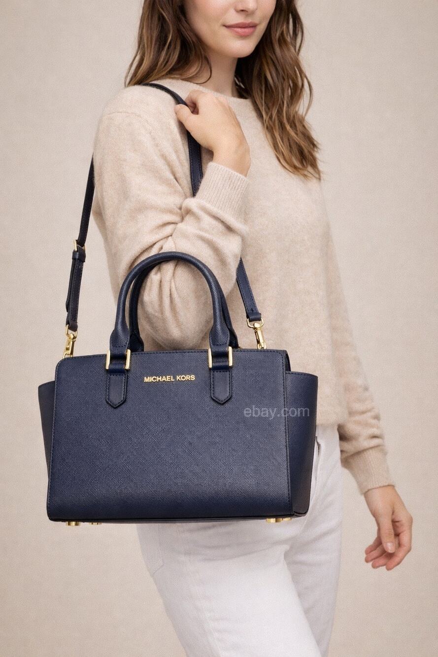 Michael Kors Navy Saffiano Leather Satchel Crossbody Gold Hardware